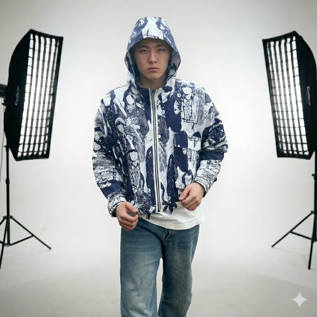 Inkstorm Cropped Hood Jacket – Blue/White (Small)