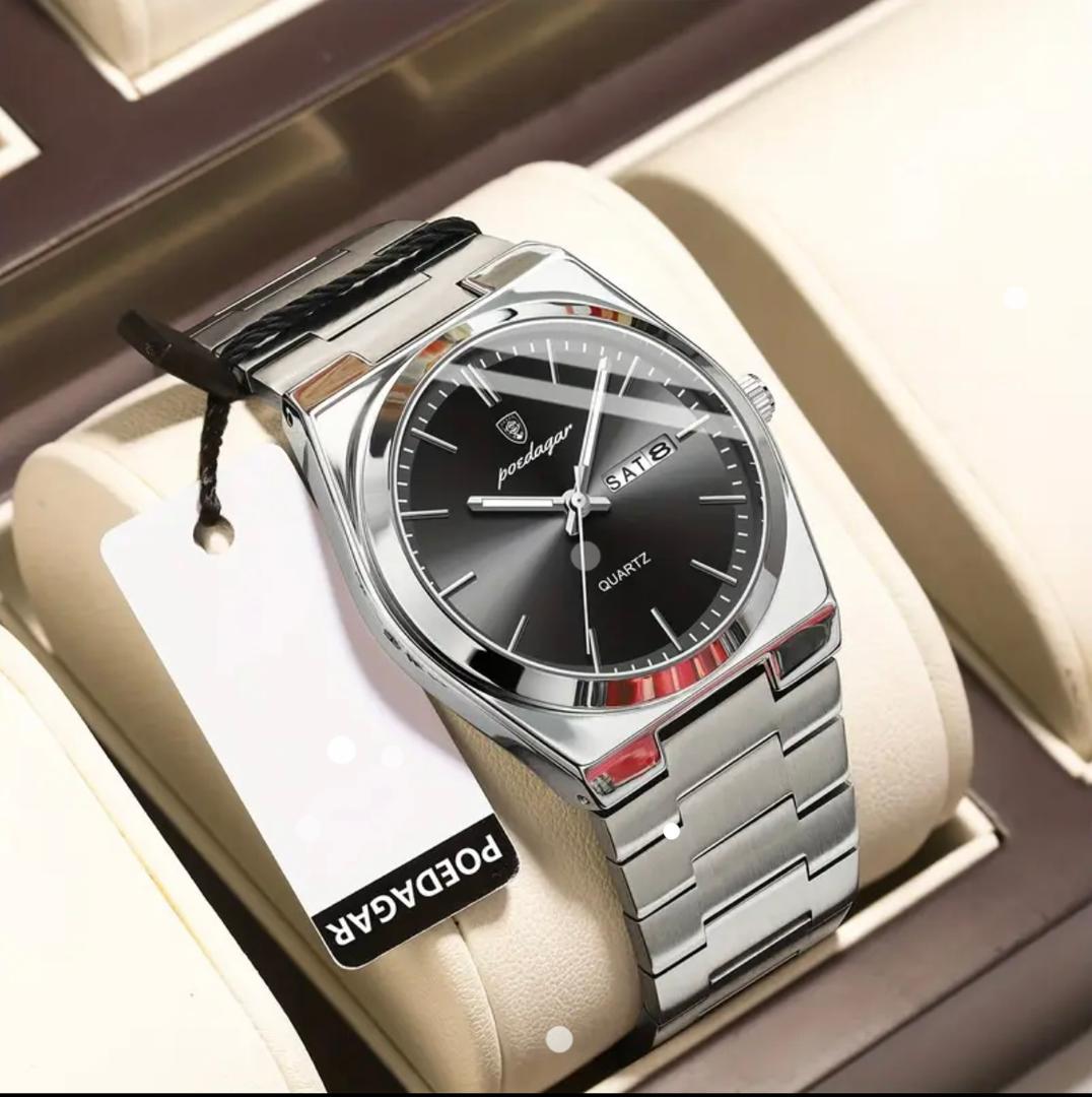 Poedagar Executive Stainless Steel Quartz Watch – Sleek Silver & Onyx