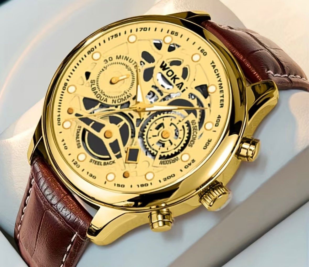 Wokai Executive Golden Skeleton Leather Dress Watch