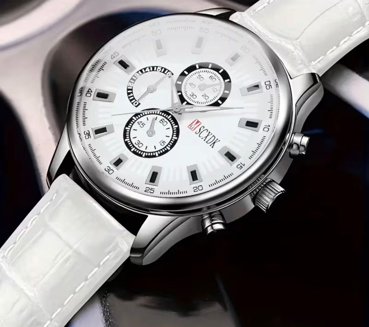 MSCXDK Minimalist Chrono-Style Arctic White Leather Dress Watch