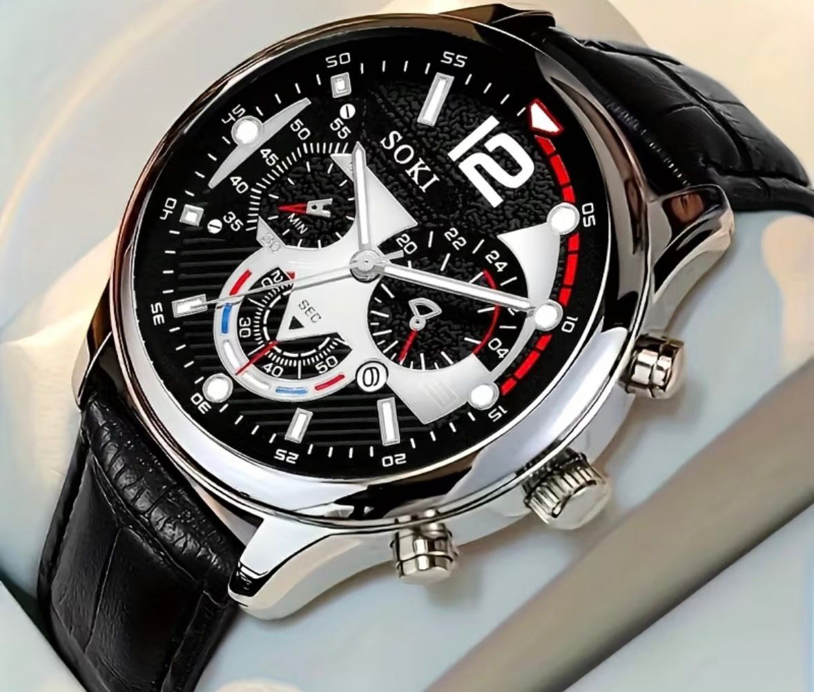 SOKI Grand Horizon Chrono-Style Black Leather Dress Watch