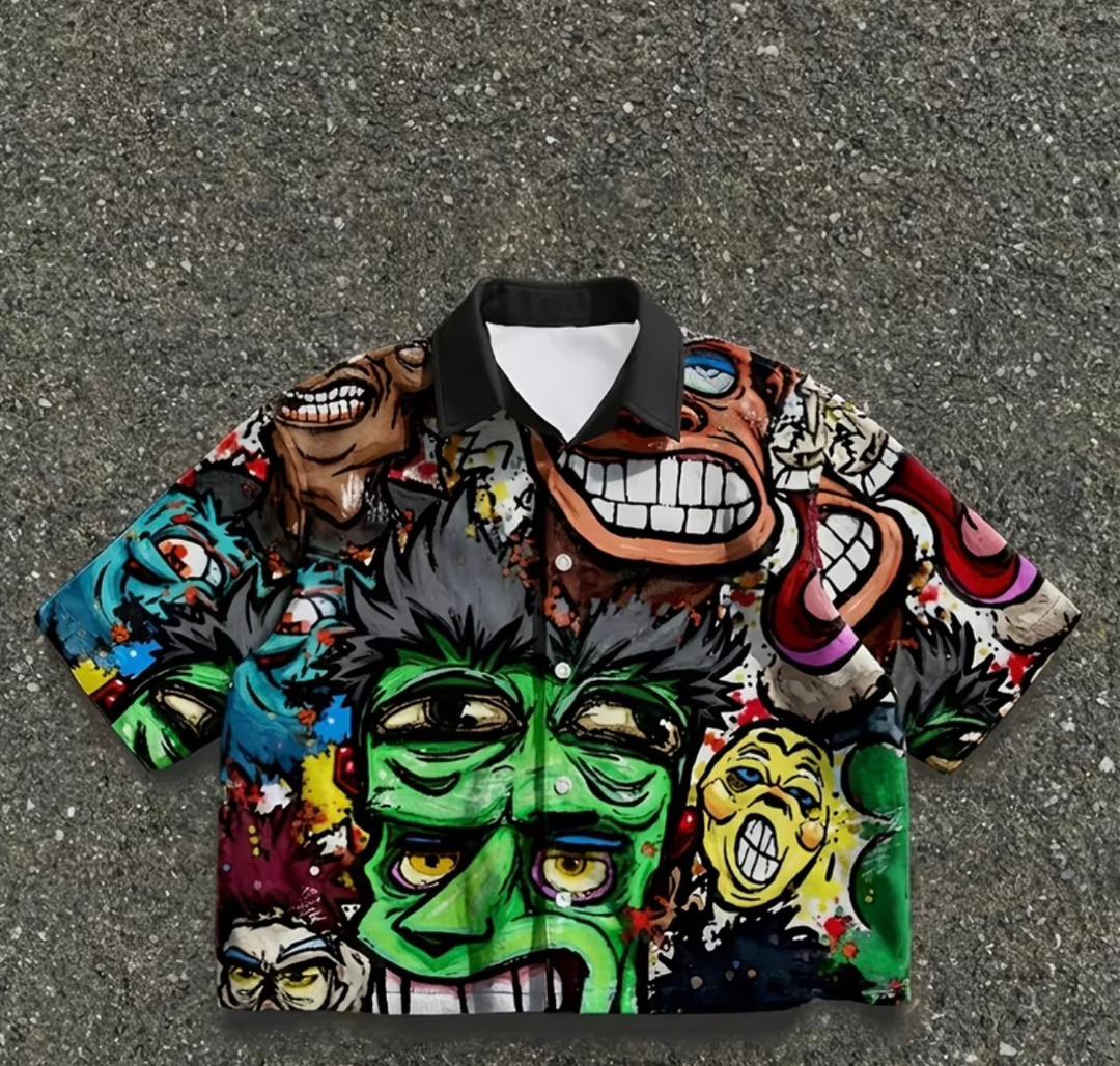 raffiti Madness Abstract Cartoon Print Short-Sleeve Button-Up Shirt XXL