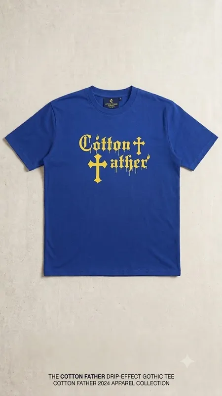  Cotton Father Drip-Effect Gothic Tee – Blue (Size 2XL)