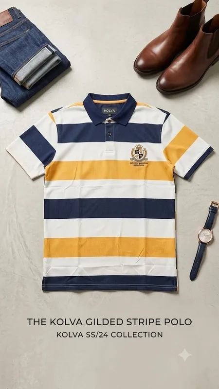Buy Kolva Gilded Stripe Polo – Navy, White & Gold Striped Polo Shirt | SS/24 Collection | Size 3XL in Bonny Island