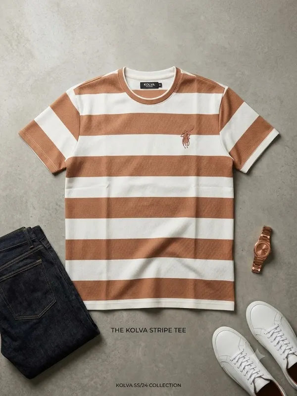 Buy Kolva Stripe Tee – Camel & White Striped T-Shirt | SS/24 Collection | Size 3XL in Bonny Island